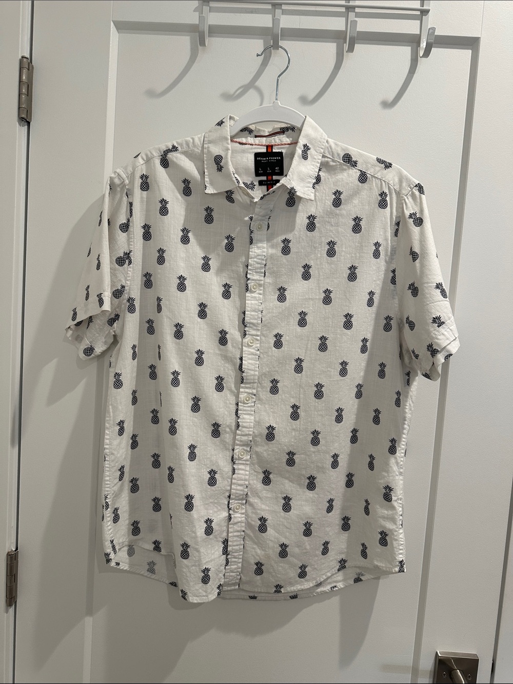 White Short-Sleeve Button-Down Shirt with Navy Pineapple Print